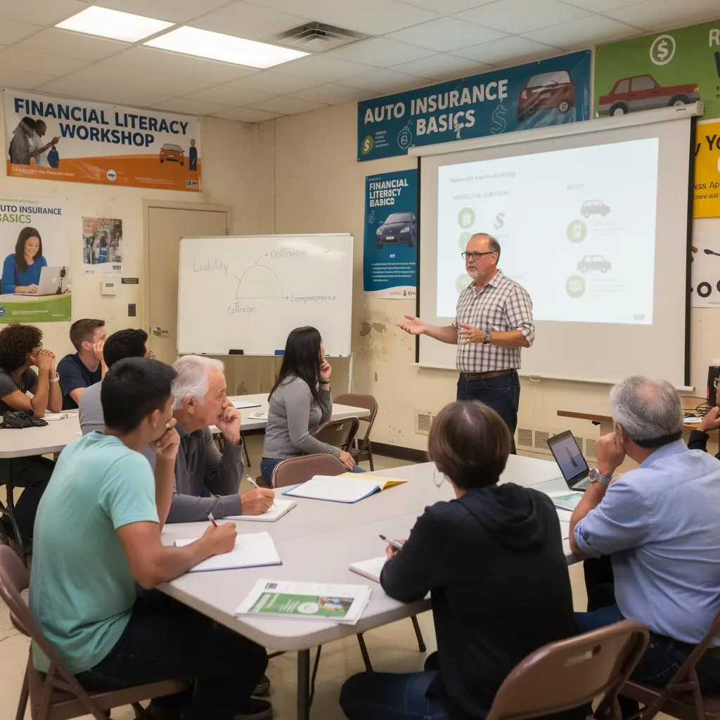 Ilustracja przedstawiająca różne typy ubezpieczeń samochodowych na tle miasta.